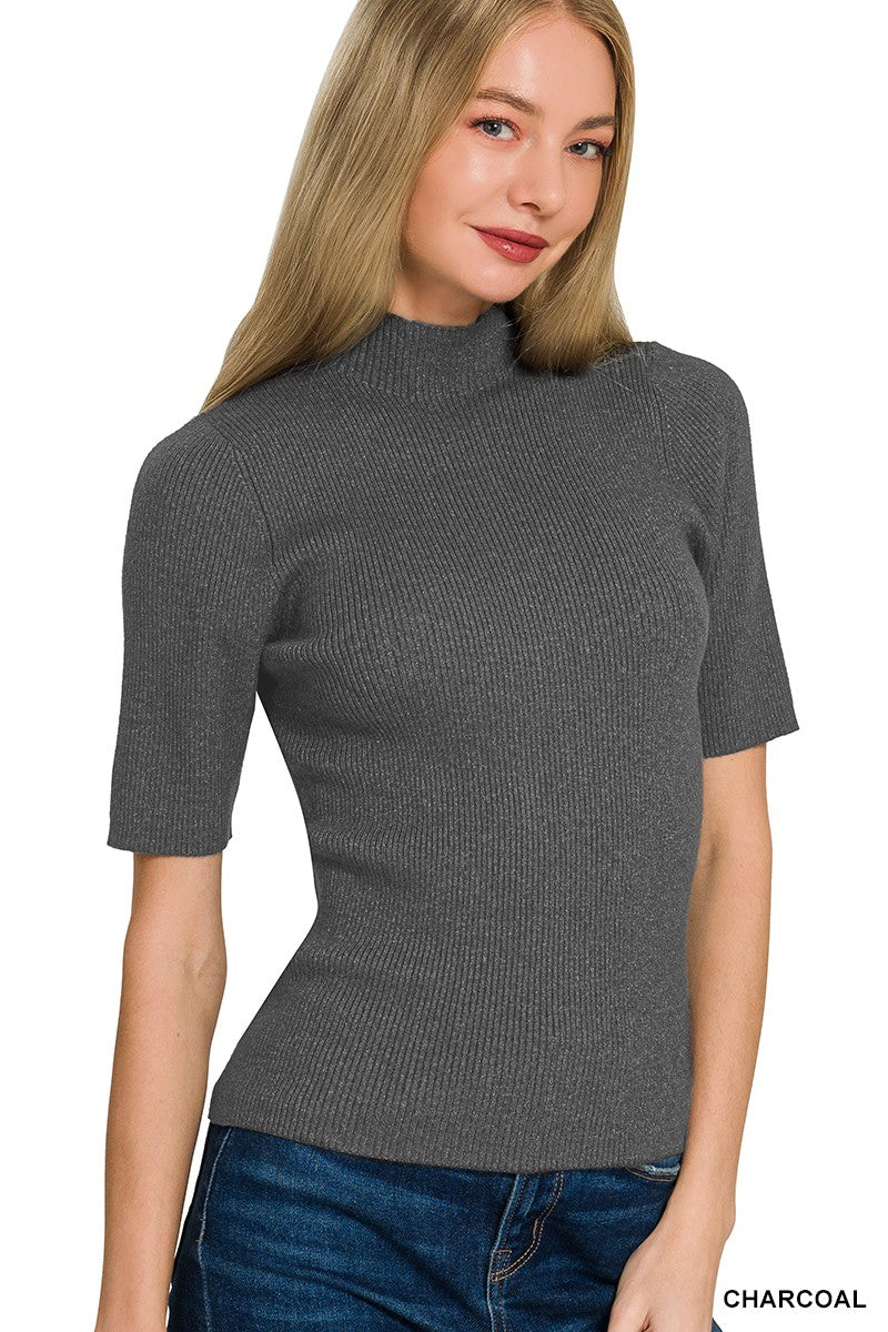 Charcoal ribbed mock neck pullover with short sleeves and fitted hem