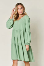 V-Neck Balloon Sleeve Tiered Dress – Flowy, Chic & With Pockets