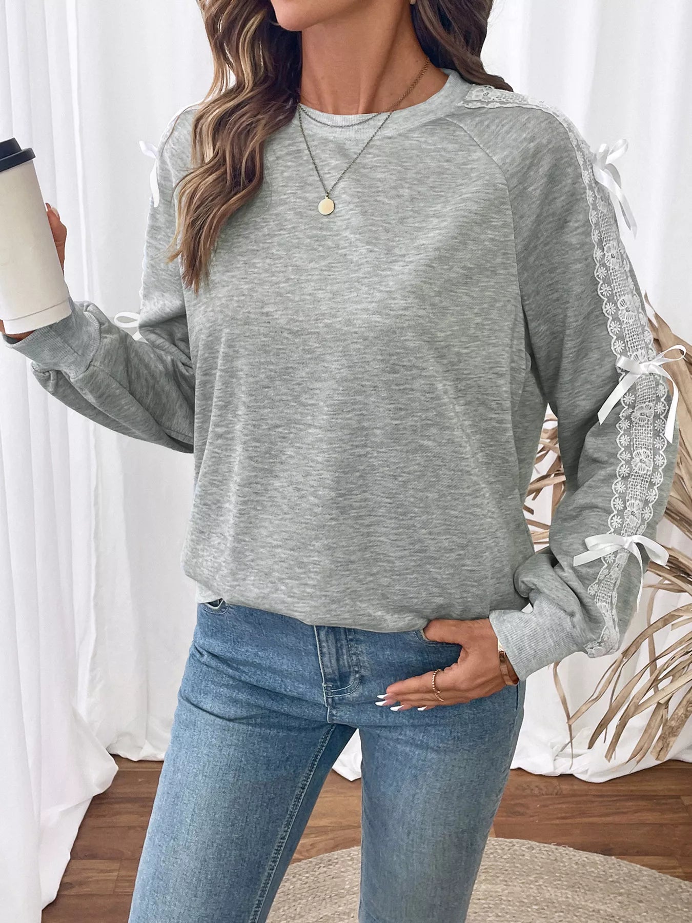 Lace Detail Round Neck Sweatshirt – Feminine Casual Style