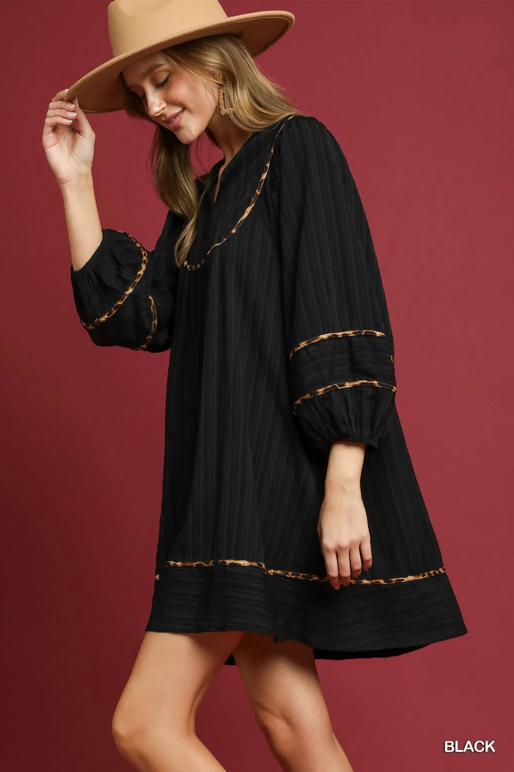 Textured Babydoll Dress with Leopard Trim Trendy & Playful Style
