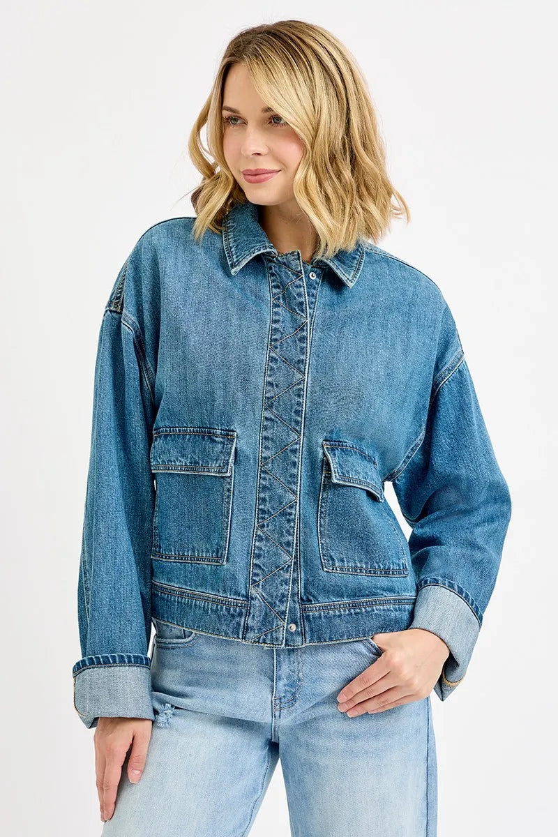 Oversized Blue Denim Jacket for Women | Vintage Wash Cotton Jean Jacket