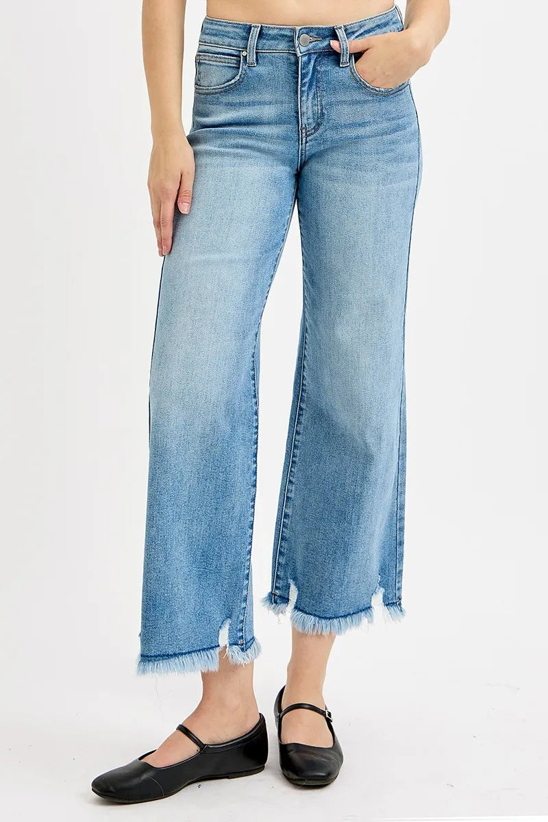Dreamkue-Risen Women's Mid Rise Cropped Wide Leg Jeans Stretch Denim, Casual Fit
