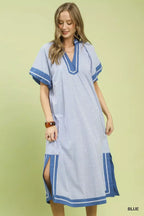 Blue pinstripe midi dress with V-neck, contrast trim, short flutter sleeves, side slit hem