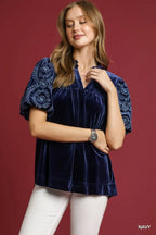 Navy Velvet Embroidered Sleeve Blouse Boho Chic Elegance