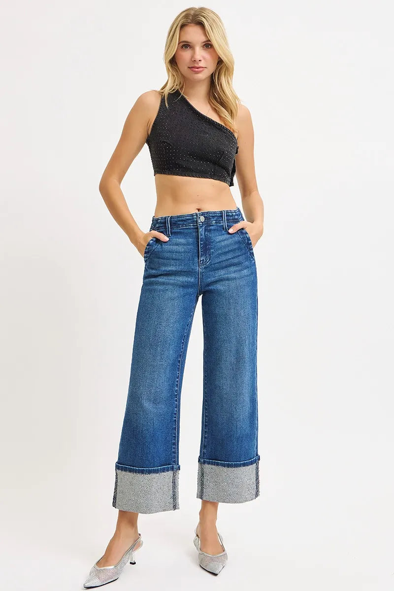 High Rise Ankle Rhinestone Cuffed Jeans – Trendy Cropped Denim
