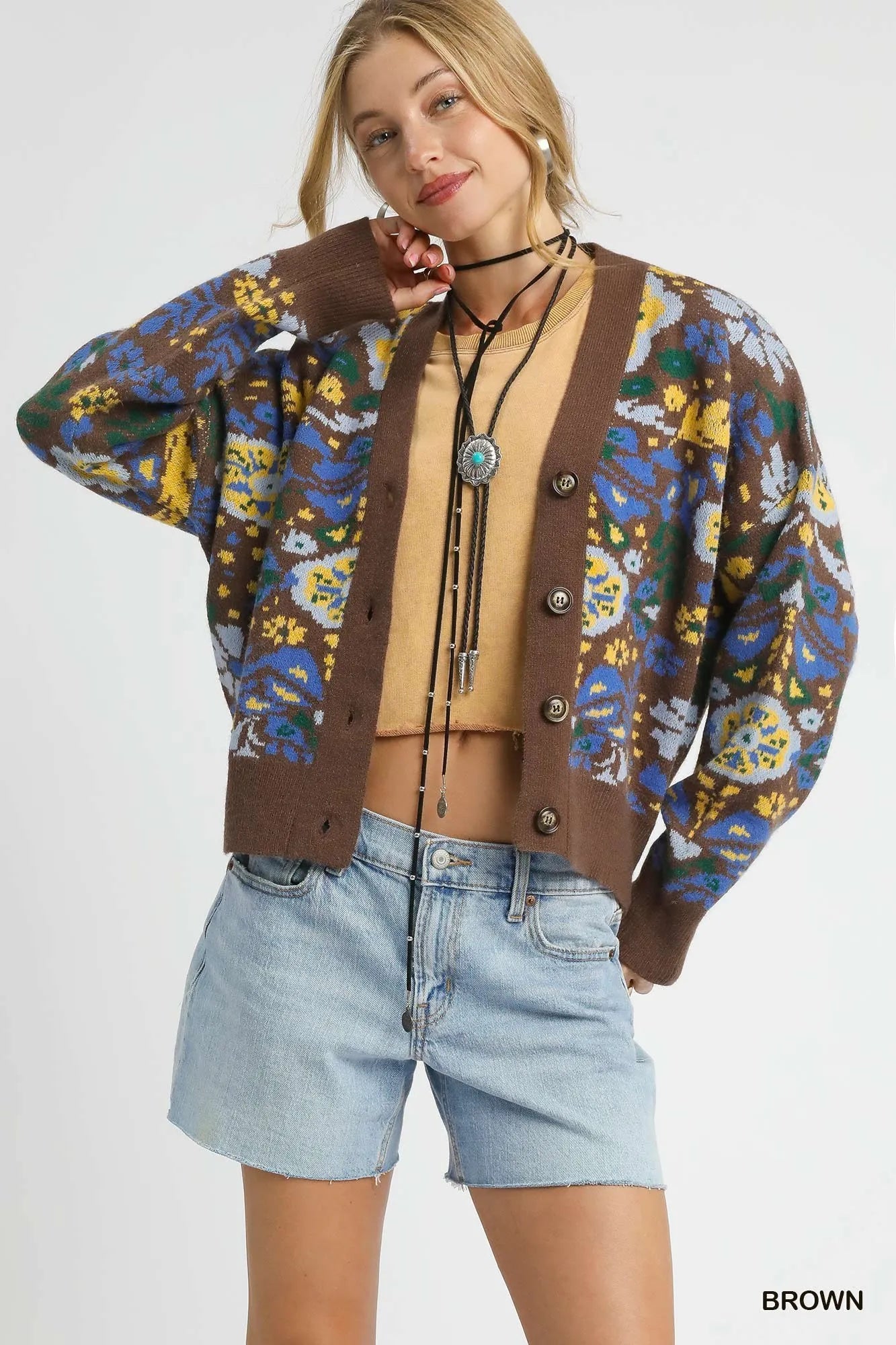 Vintage Floral Camo Cardigan – Oversized Knit Button-Front Sweater
