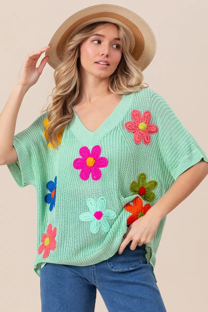 BiBi Flower Patch Dolman Sleeve Sweater – Lightweight Chic Style