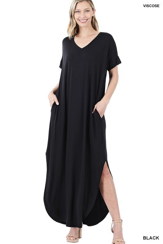 Zenana Viscose Fabric V-Neck Short Sleeve Maxi Dress