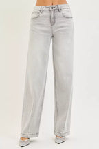 Light grey baggy jeans with front seam detail and relaxed wide legs