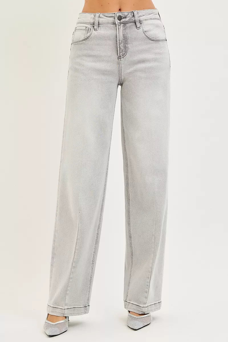 Light grey baggy jeans with front seam detail and relaxed wide legs