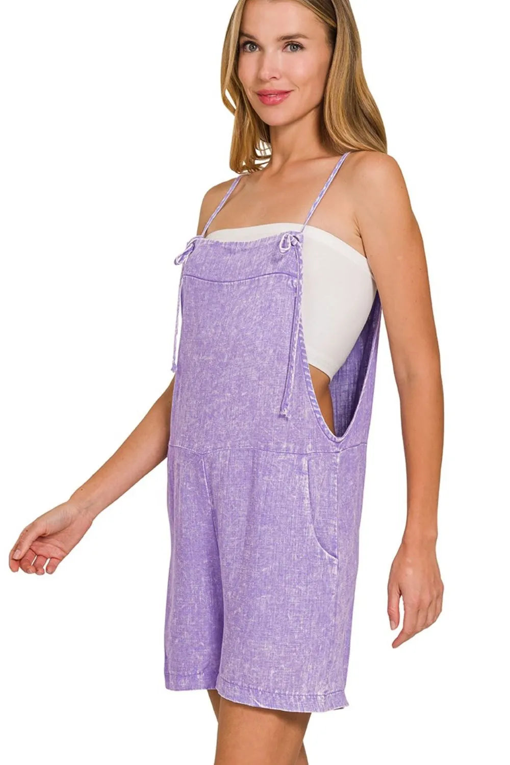 Purple Denim-Style Romper – Adjustable Straps, Pockets & Relaxed Fit