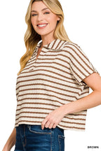 Brown and cream striped short-sleeve blouse with split neck and buttoned collar