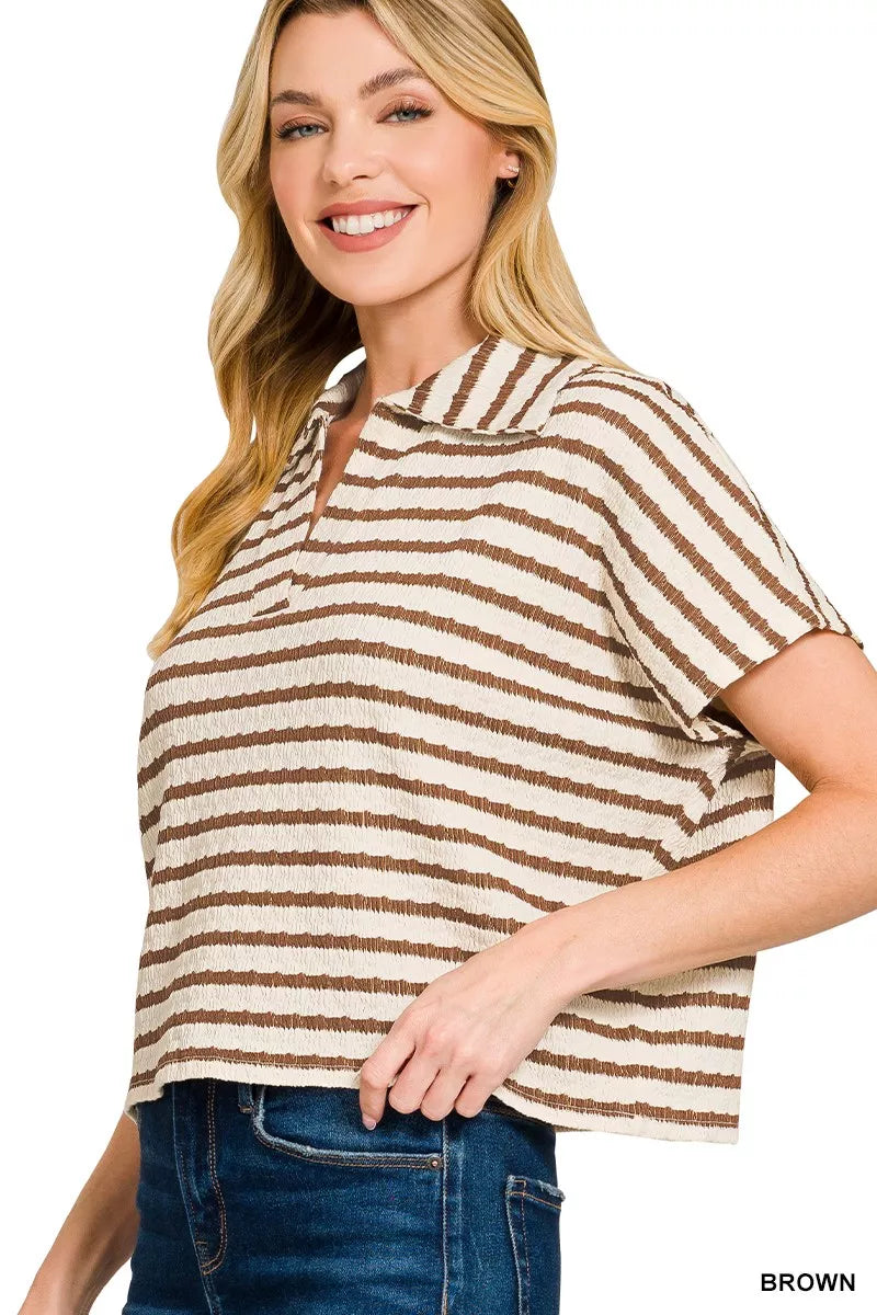 Brown and cream striped short-sleeve blouse with split neck and buttoned collar