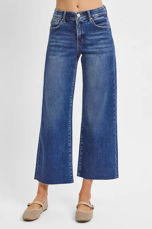 Dreamkue-Risen Women's Wide Leg Cropped Jeans High Rise Stretch Denim Pants Casual Style