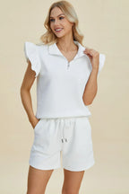 Textured Flounce Sleeve Top & Shorts Set – Stylish & Comfy 2-Piece