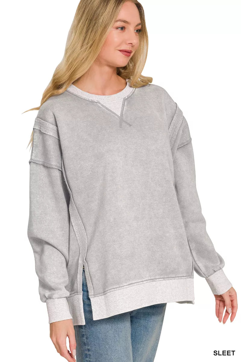 Acid wash oversized crew neck pullover, light gray with ribbed cuffs and hem