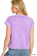 Violet snow-washed cotton cuffed tee, crew neck and short sleeves, back view
