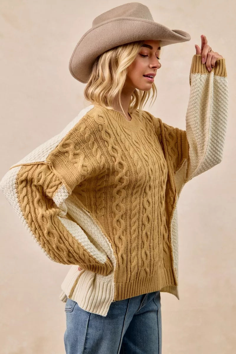 BiBi Cable Knit Hacci Combo Sweater – Stylish Texture with Uneven Hem