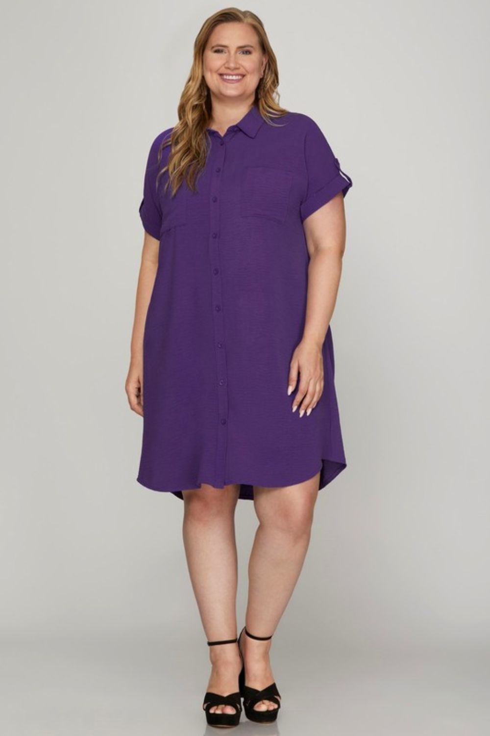 She + Sky Button Down Short Sleeve Woven Shirt Dress