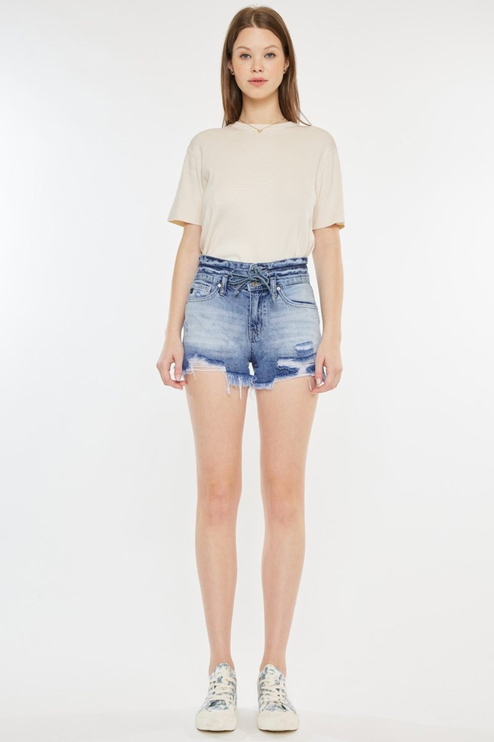 Kan Can High Rise Frayed Hem Denim Shorts
