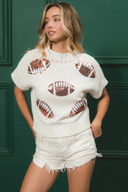 Football Print Pullover Sweater – Sporty Chic Short Sleeve Knit
