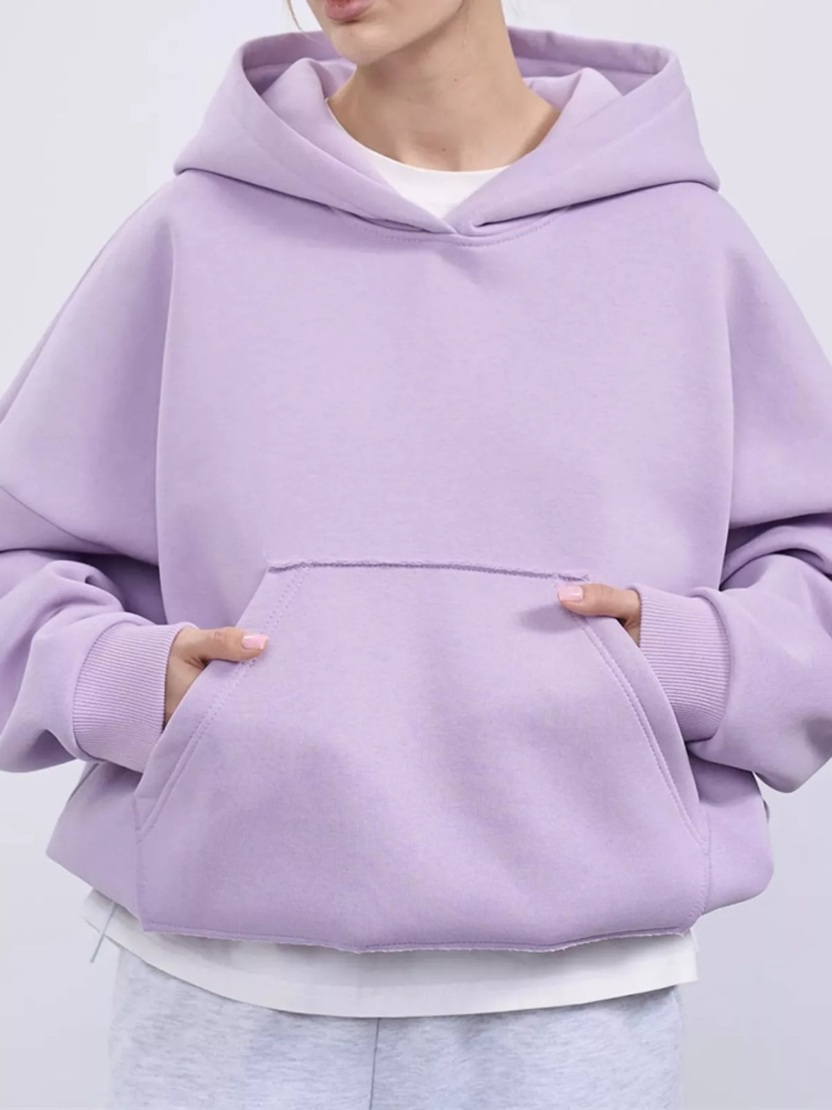 Lavender oversized kangaroo pocket hoodie with hood and front kangaroo pocket