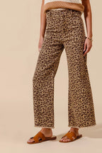 SO ME Leopard Twill Wide Leg Pants – Mid Rise with Frayed Hem Detail