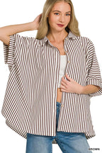 Women's oversized brown-and-white striped button-down shirt with short sleeves, button placket