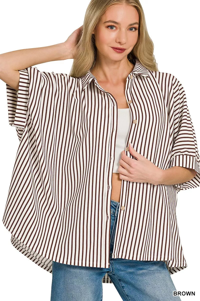 Women's oversized brown-and-white striped button-down shirt with short sleeves, button placket