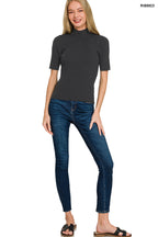 Black ribbed mock-neck short-sleeve sweater top, full front
