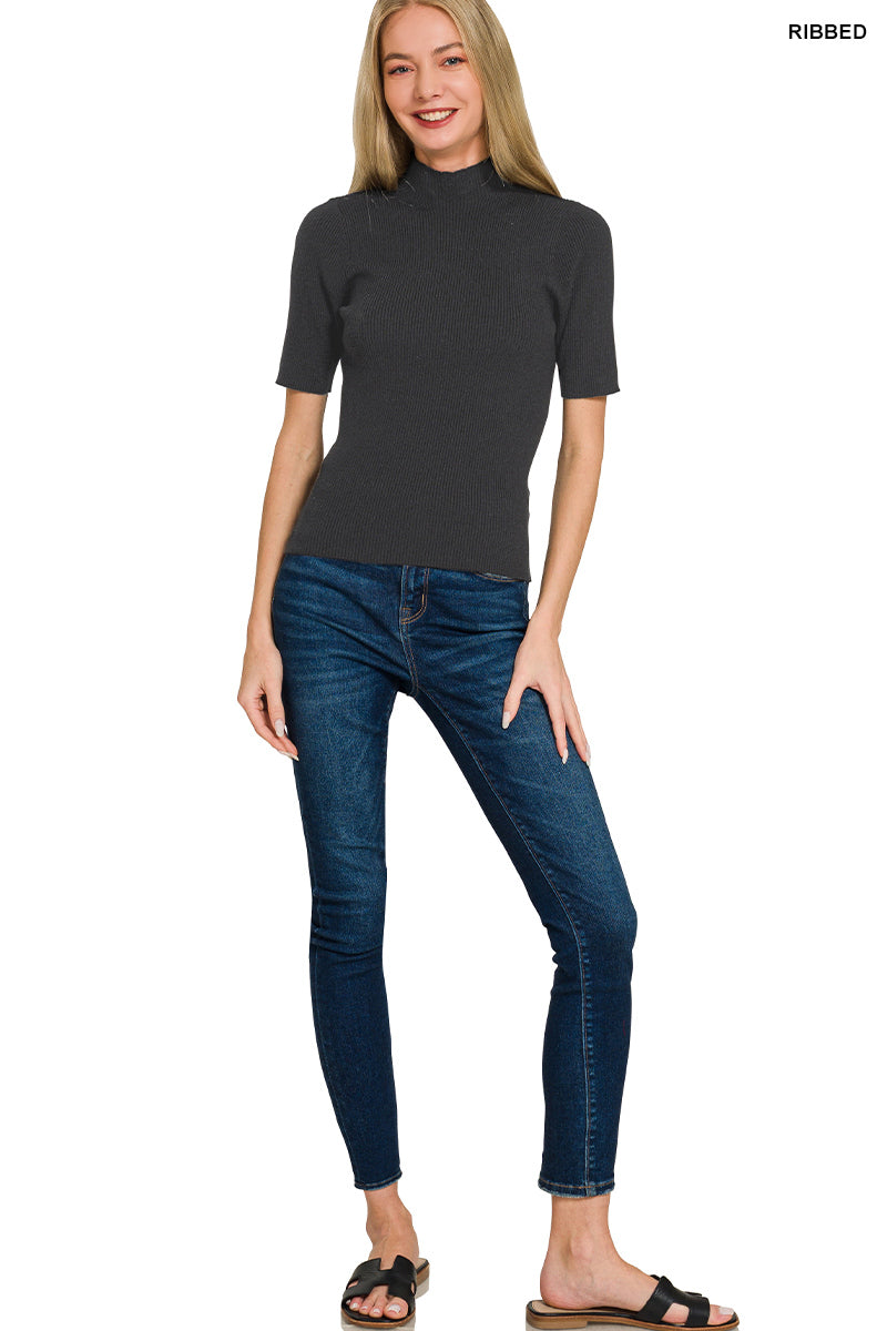 Black ribbed mock-neck short-sleeve sweater top, full front
