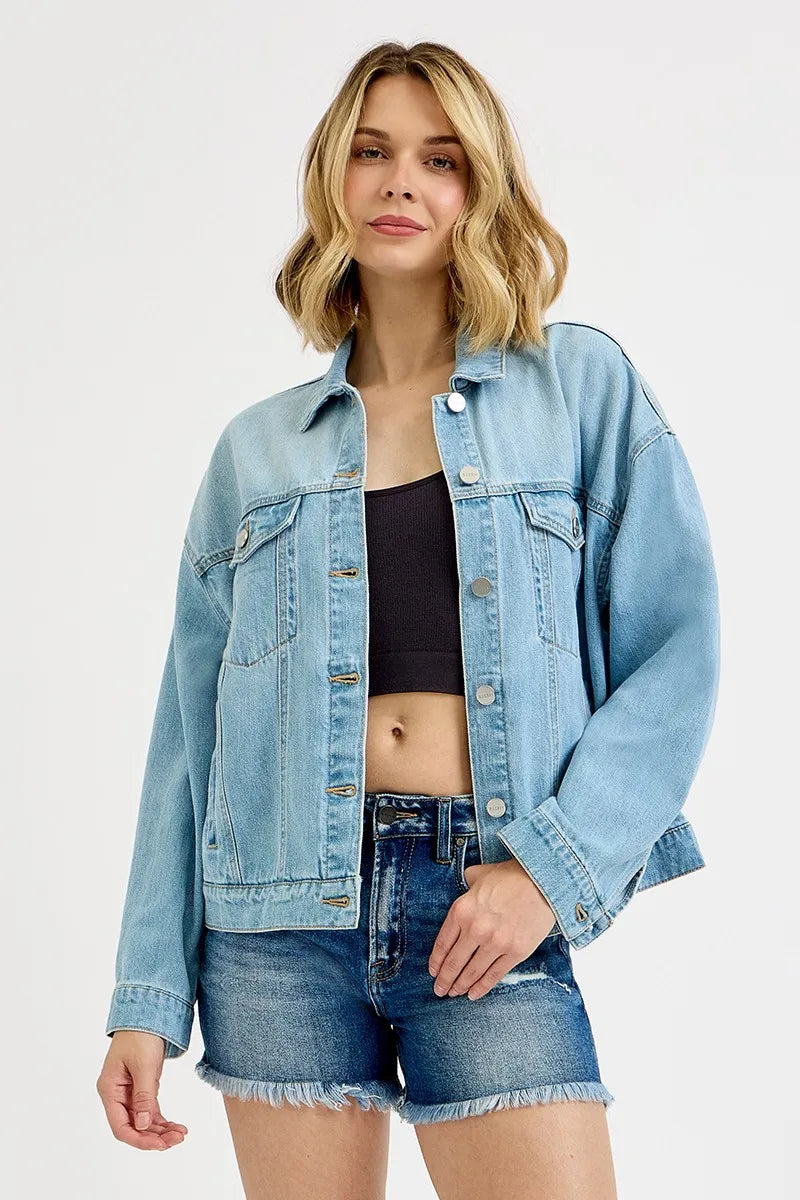 Oversized Light Wash Denim Jacket – Trendy Boyfriend Fit Layering Piece