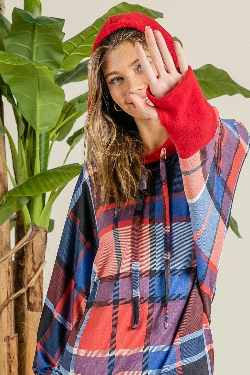 Plaid Brushed Rib Contrast Thumb Open Hoodie – Cozy Casual Layer