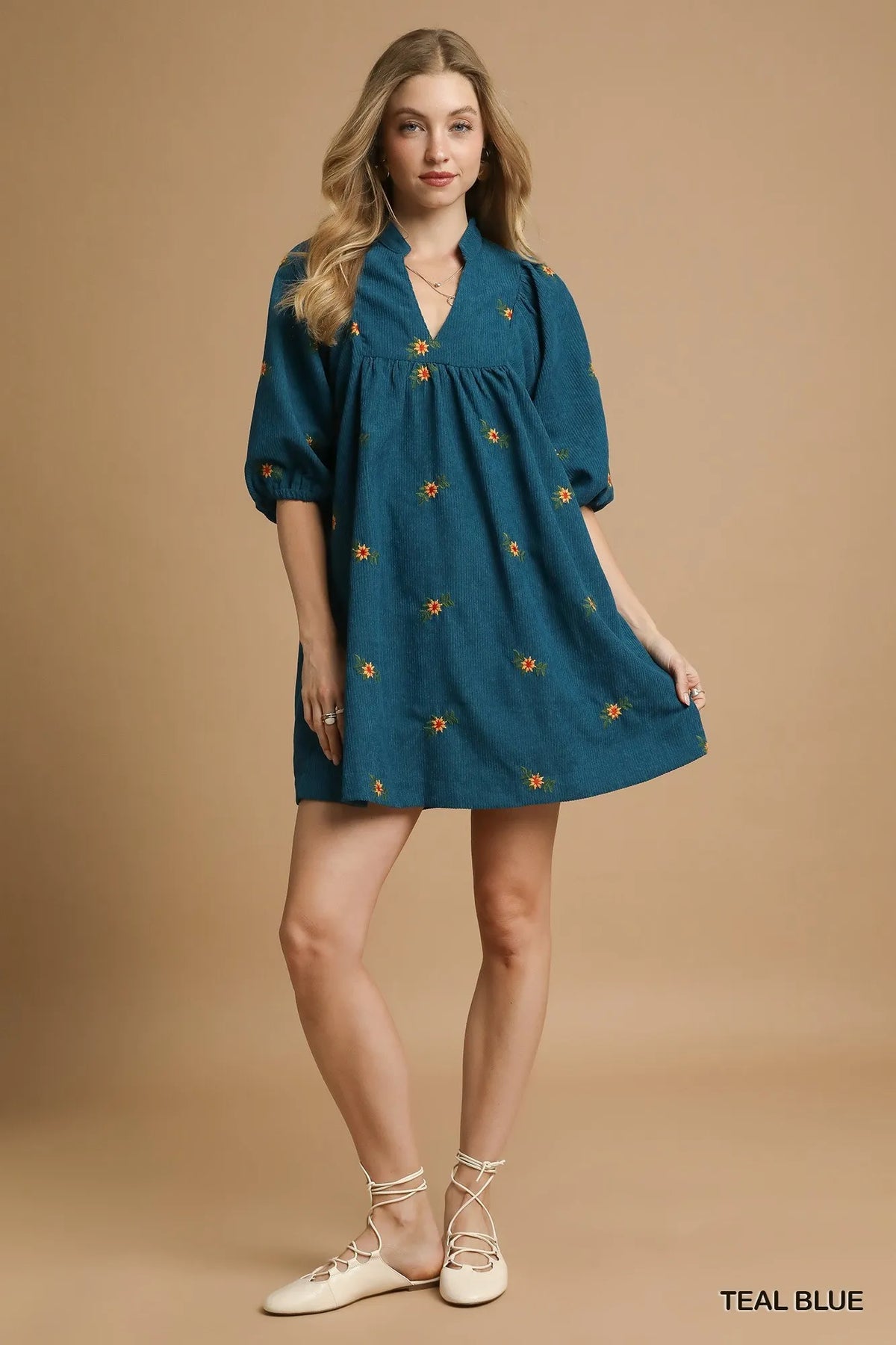 Teal Embroidered Peasant Dress – V-Neck Mini with Puff Sleeves