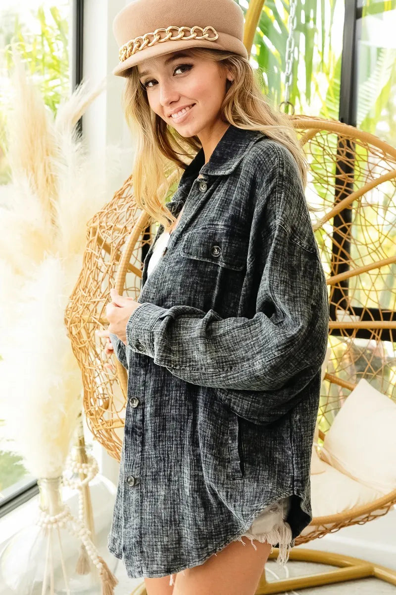 Oversized Distressed Denim Jacket – Vintage Wash & Raw Hem Style