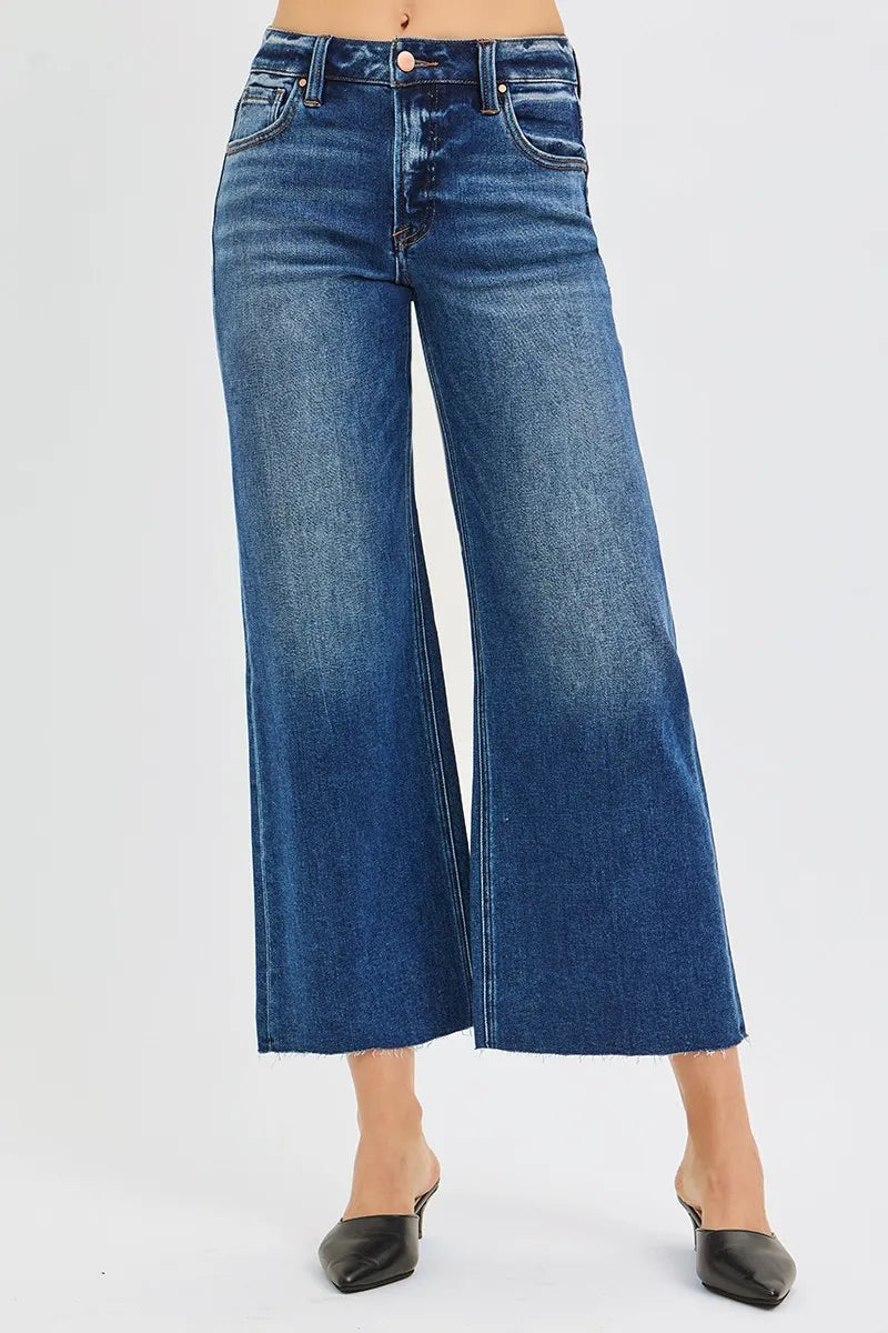 Mid Rise Crop Wide Leg Jeans with Raw Cut Hem | Casual Chic Denim