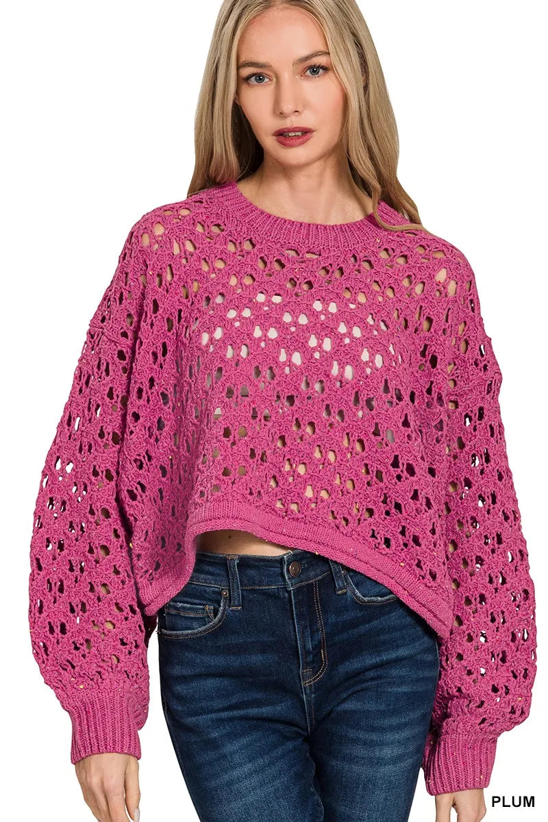 Oversized Cropped Crochet Knit Sweater Trendy & Boho Layering Piece