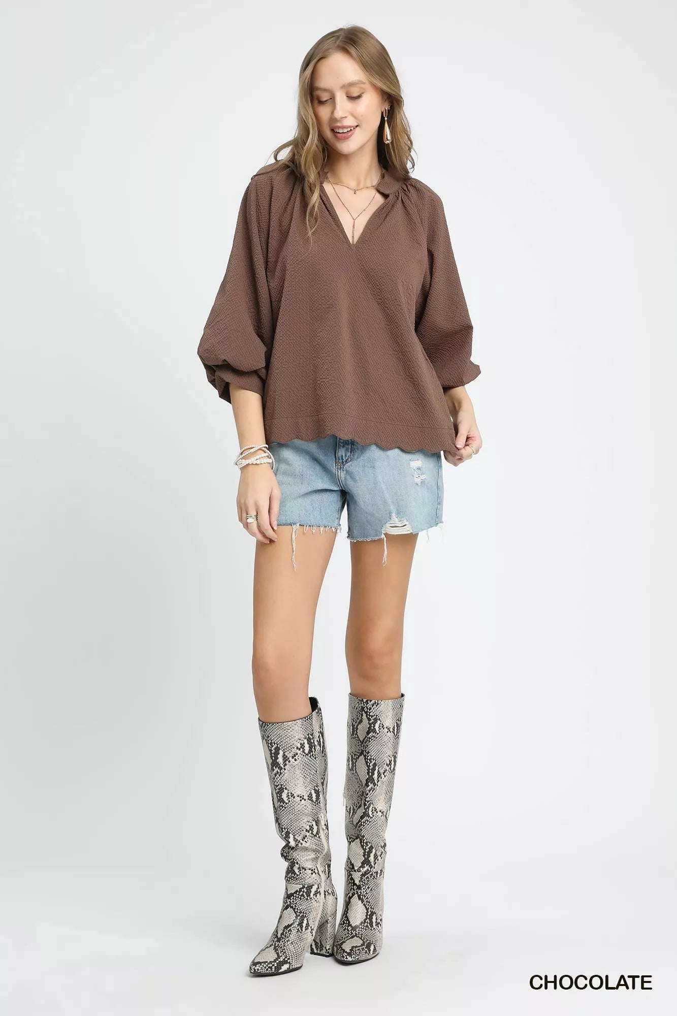 Textured Notched Balloon Sleeve Blouse – Chic & Feminine Top