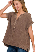 Brown Textured Gauze Henley Blouse – Short Sleeves & High-Low Hem