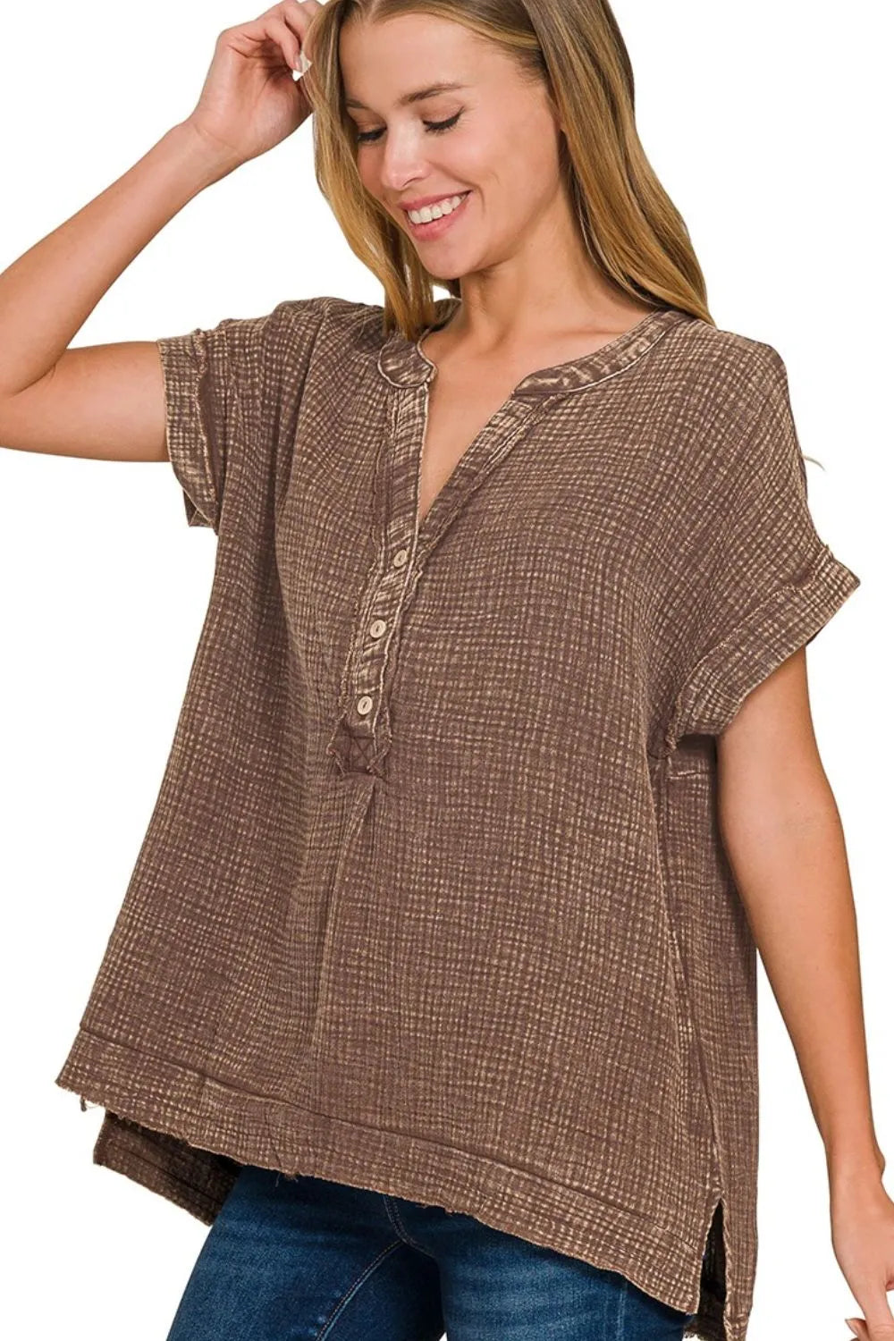 Brown Textured Gauze Henley Blouse – Short Sleeves & High-Low Hem