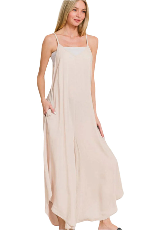 Zenana Spaghetti Strap Wide Leg Overalls with Pockets