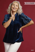 Navy Velvet Embroidered Sleeve Blouse Boho Chic Elegance
