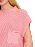 Pink Ribbed Sleeveless Pullover Mock Neck Chest Pocket, Relaxed Fit