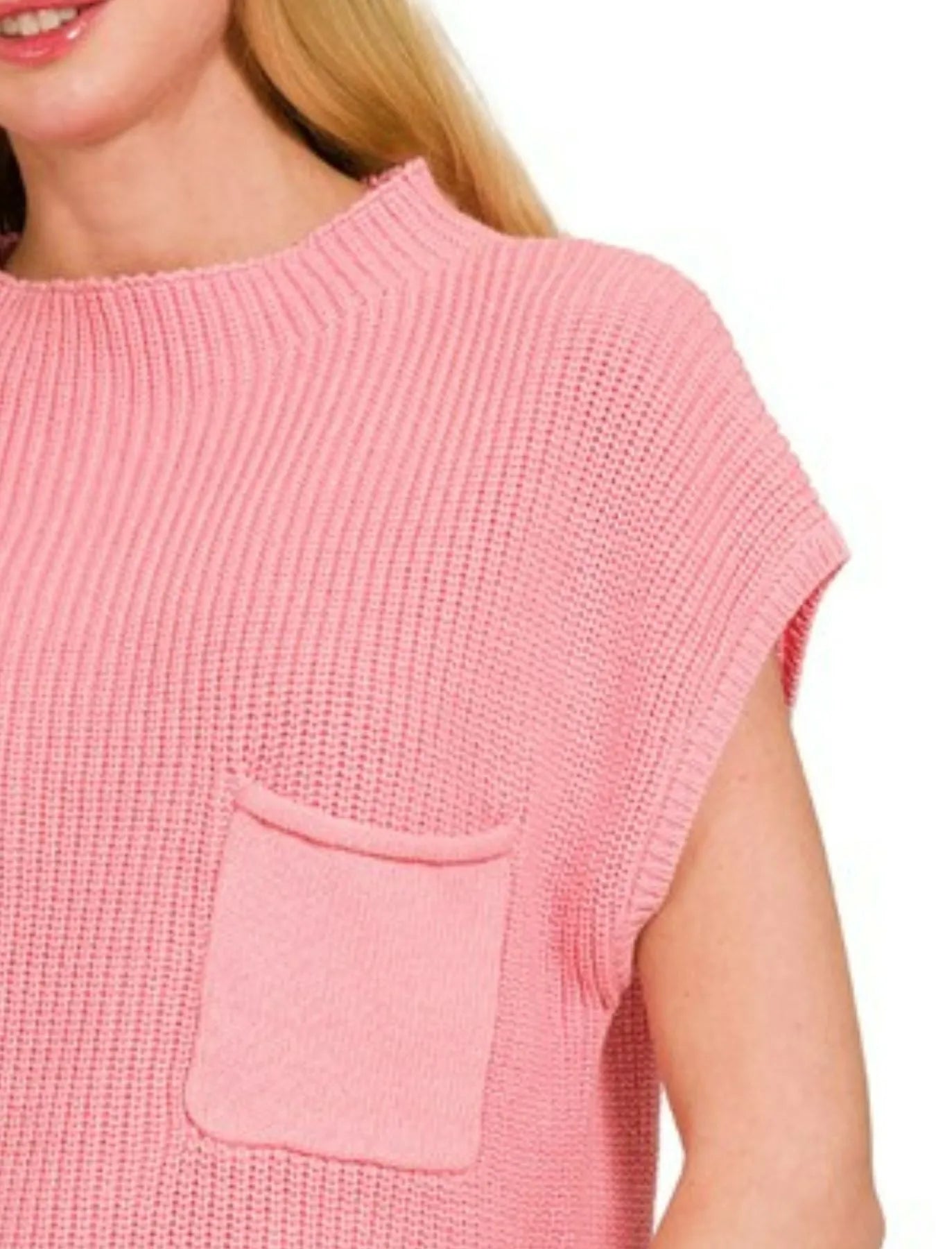 Pink Ribbed Sleeveless Pullover Mock Neck Chest Pocket, Relaxed Fit