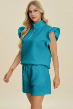 Textured Flounce Sleeve Top & Shorts Set – Stylish & Comfy 2-Piece
