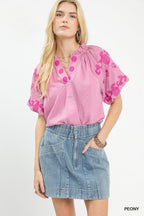 Peony pink embroidered flutter-sleeve top with gathered neckline and short puff sleeves
