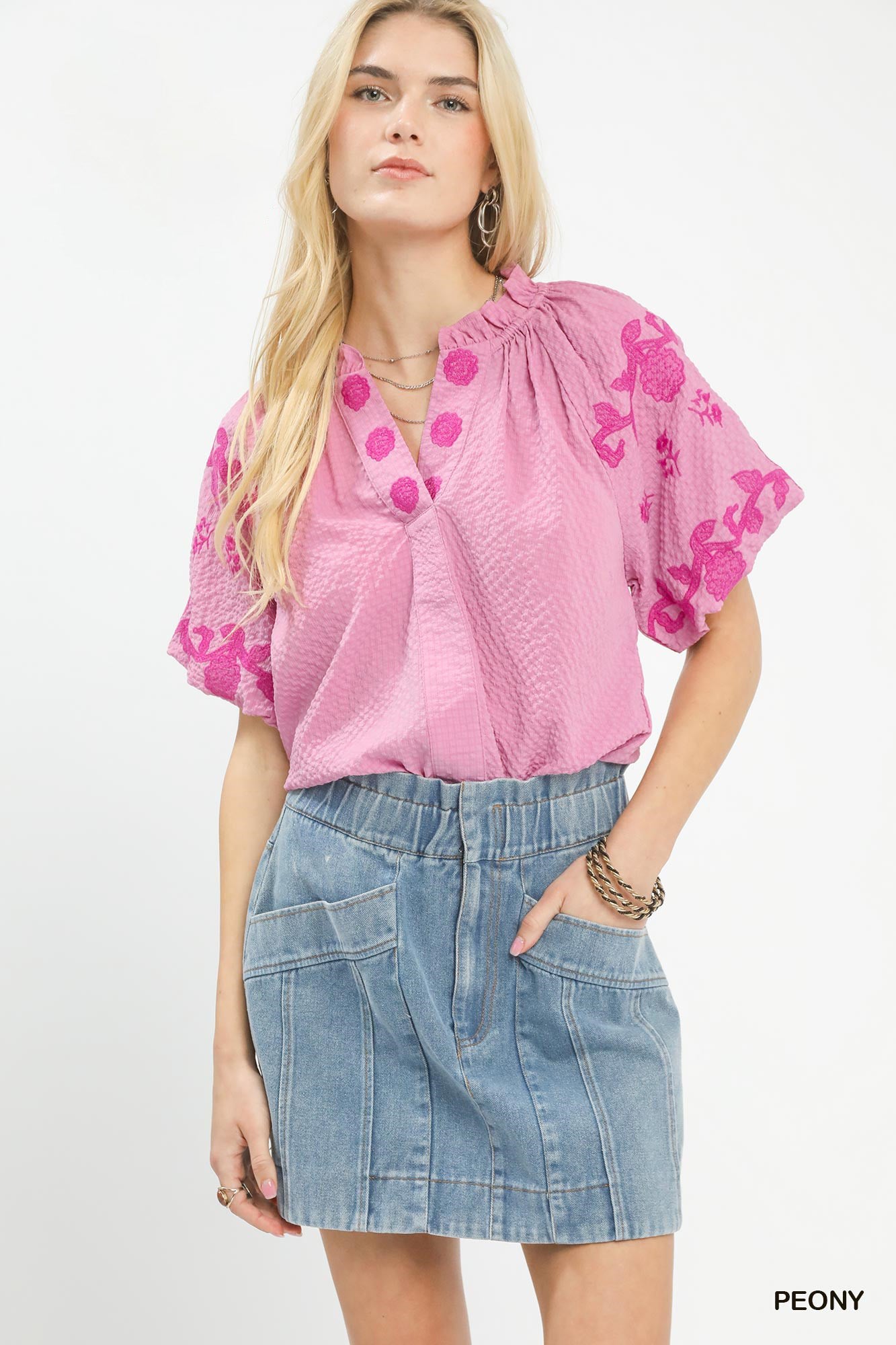 Peony pink embroidered flutter-sleeve top with gathered neckline and short puff sleeves