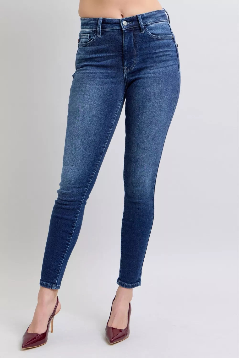 Washed dark blue skinny jeans, high waist, slim ankle legs