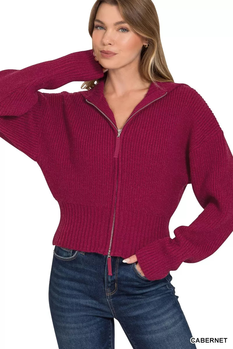 Zenana Ribbed Collared Zip Up Sweater – Cozy & Stylish Cardigan Look