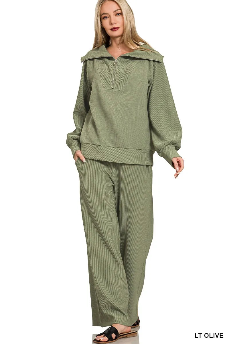 Olive Green Ribbed Knit Lounge Set – Half-Zip Hoodie & Palazzo Pants